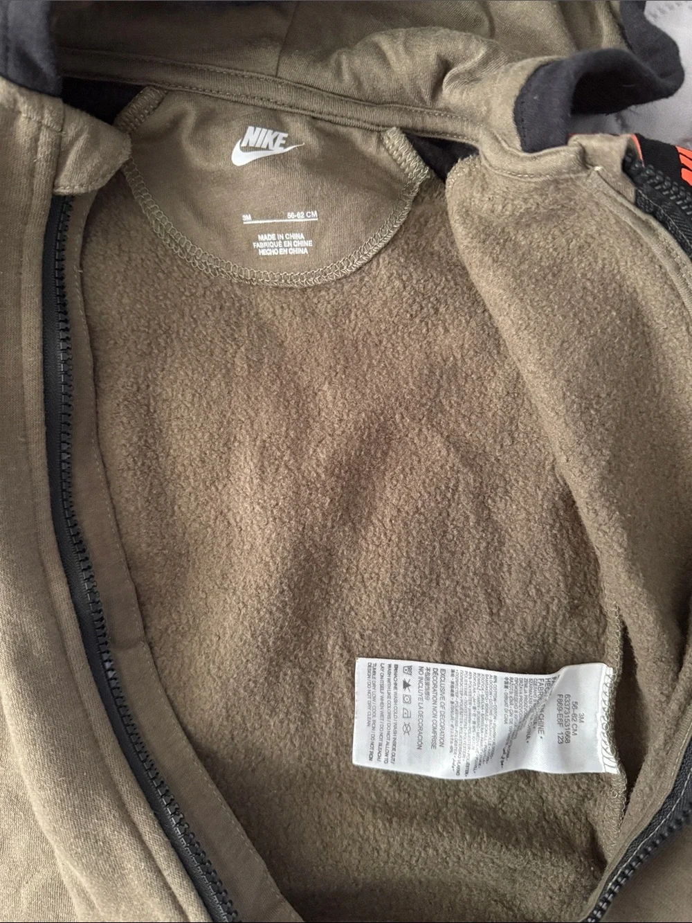 Nike Olive and Black Hooded Baby One-Piece with Orange Logos